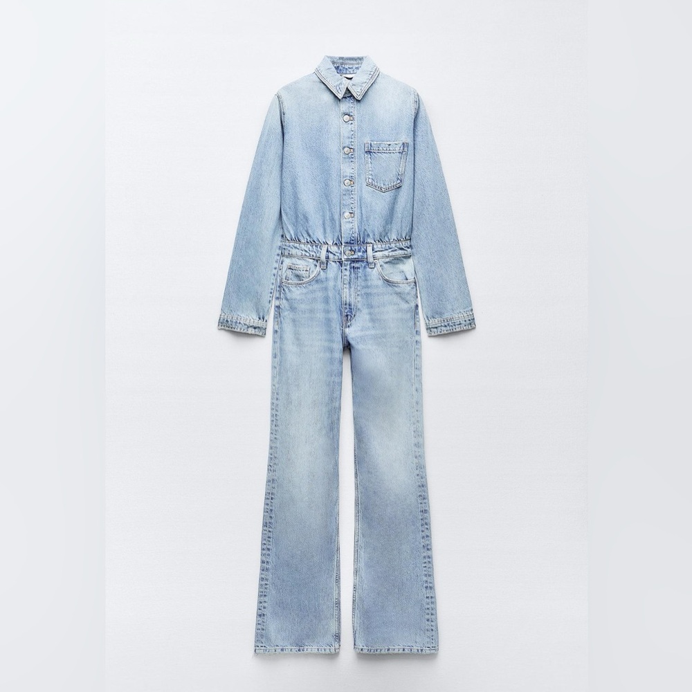 Zara Blue Boot Cut Denim Jumpsuit